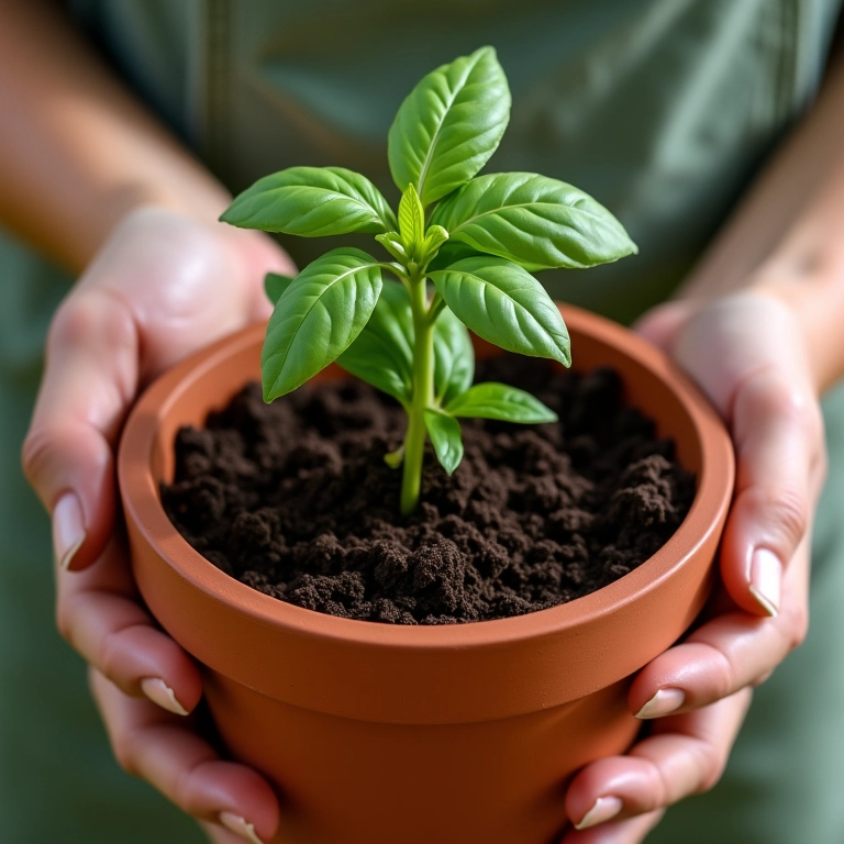 Preparo do vaso para plantar manjericão.