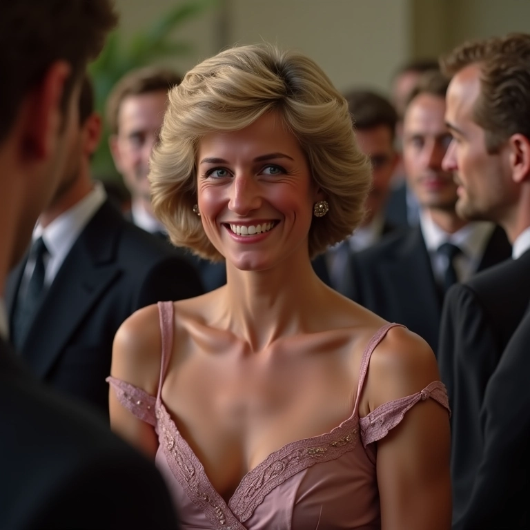 Princesa Diana com um vestido memorável interagindo com pessoas.