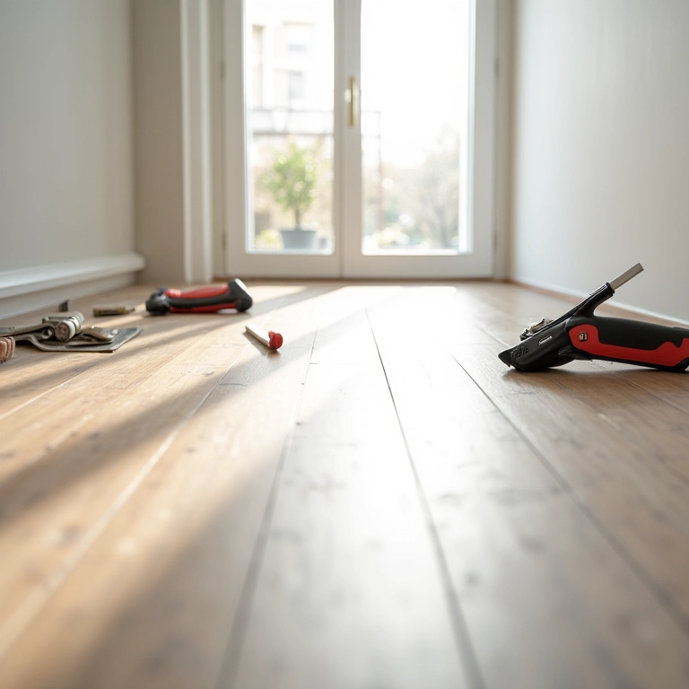 Processo de instalação lado a lado de pisos laminados e vinílicos, mostrando a facilidade.