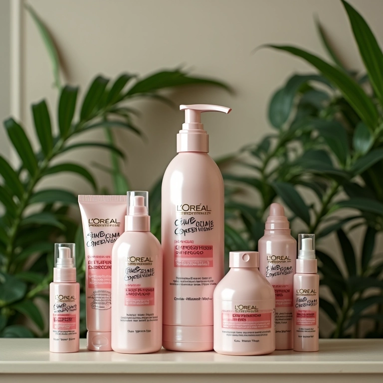 Produtos Curl Expression da L'Oréal Professionnel em prateleira com plantas tropicais.