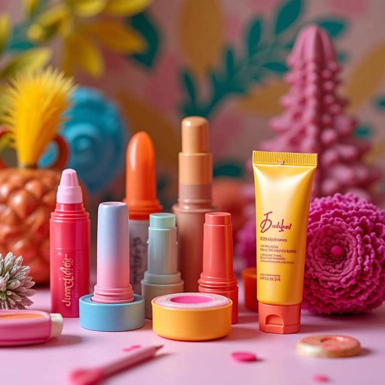 Produtos de maquiagem Judydoll coloridos e divertidos em mesa com artesanato brasileiro.