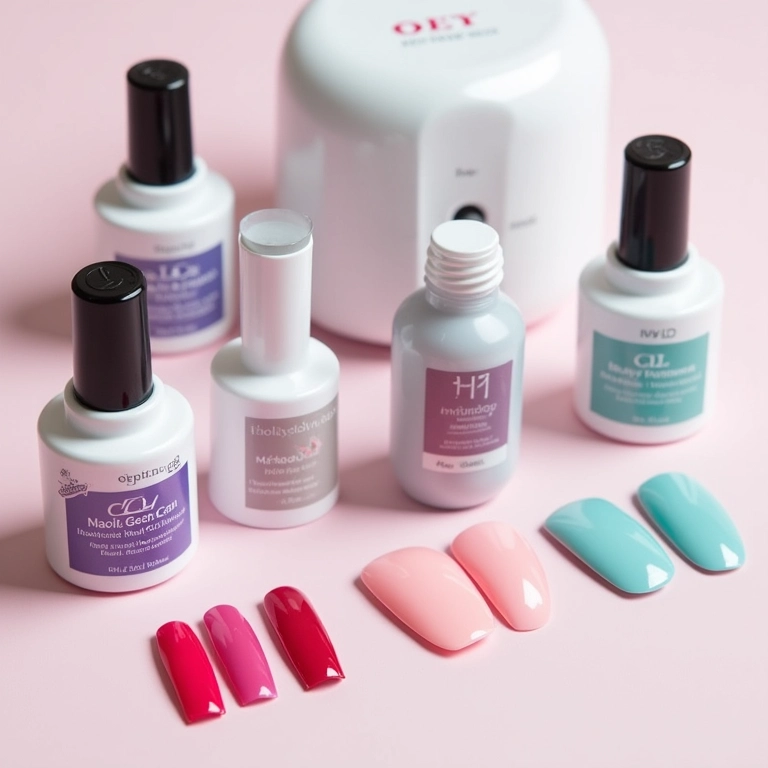 Produtos de qualidade para unhas de gel: base, gel colorido e top coat.