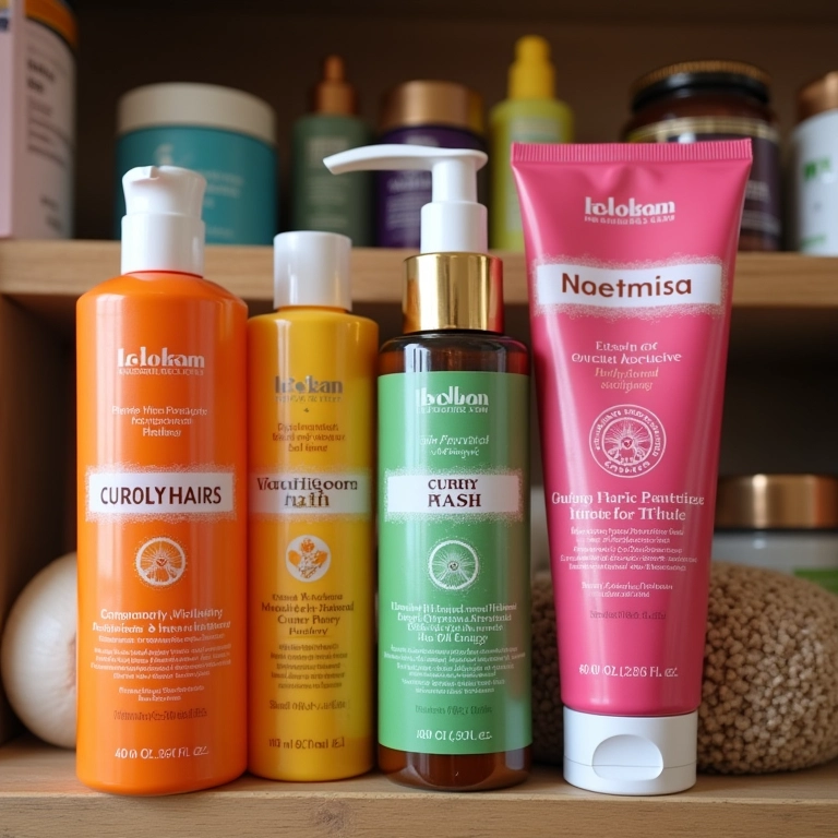 Produtos específicos para cabelos cacheados: shampoo, condicionador, máscara e creme.