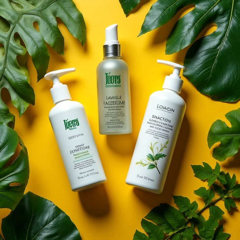 Produtos leves para cabelo liso: shampoo, condicionador e serum.