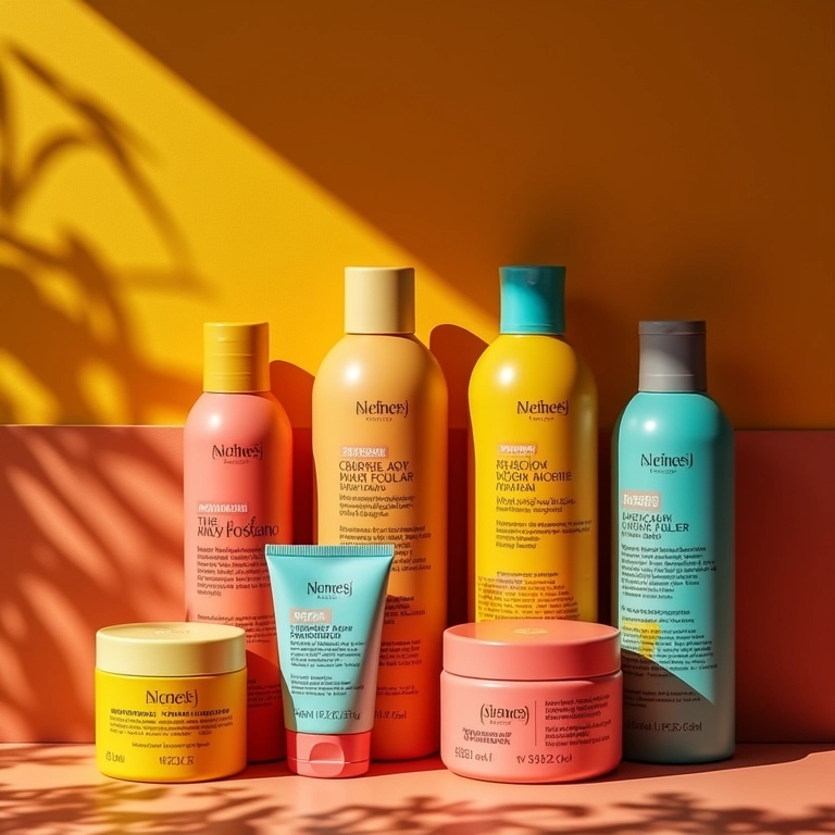 Produtos para cabelo cacheado expostos em uma prateleira colorida.