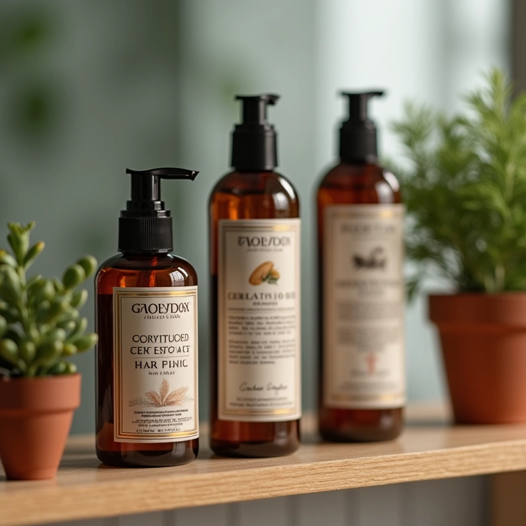 Produtos para cabelo (óleo de argan, máscara de queratina) em uma prateleira de madeira.