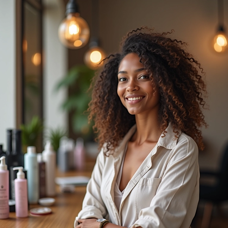 Produtos para cuidados com cabelos diversos em um salão de beleza, representando dicas de especialistas.