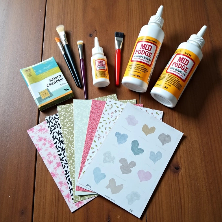 Produtos para decoupage: papéis estampados, cola Mod Podge, pincéis e tesoura.