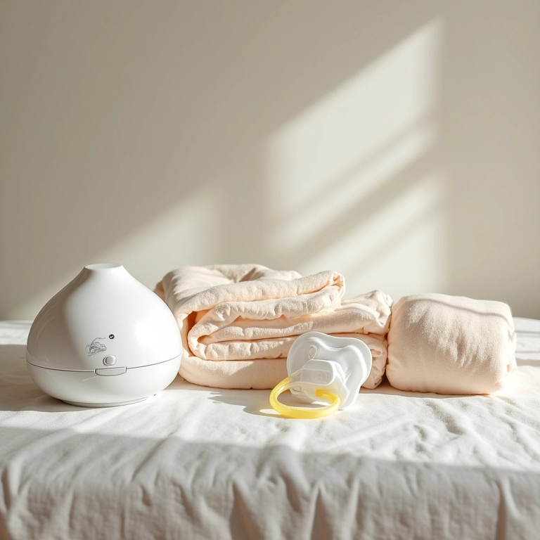 Produtos para o sono do bebê: mantas, ruído branco, chupeta.