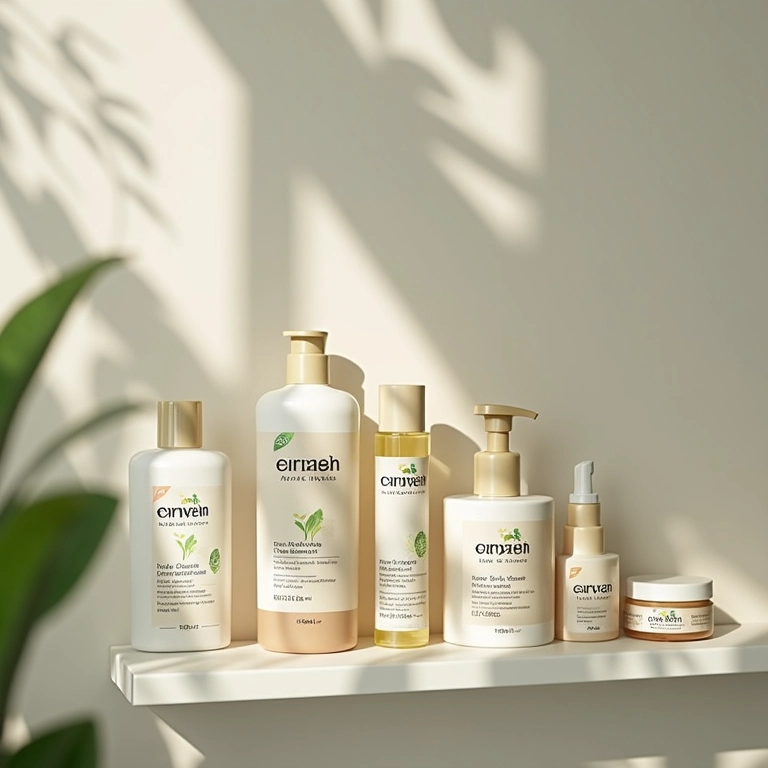 Produtos para tratamento de queda de cabelo em prateleira de banheiro.