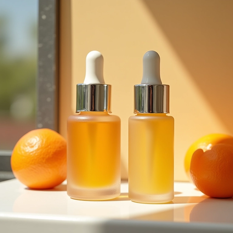 Produtos skincare antioxidantes (vitaminas C e E) em penteadeira.