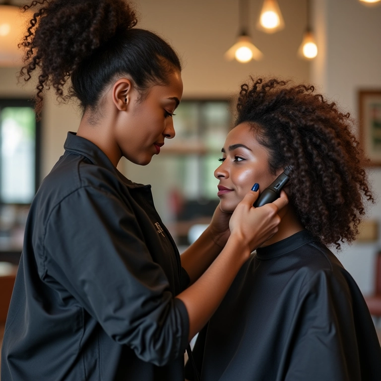 Profissional analisando cabelo de cliente em salão antes de tratamento.