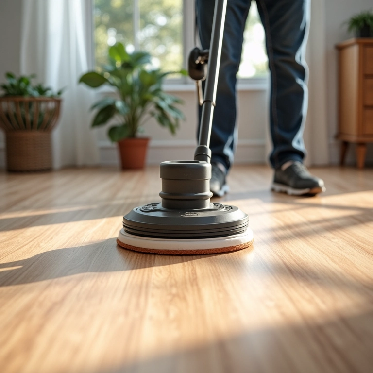 Profissional da limpeza polindo piso laminado com máquina.