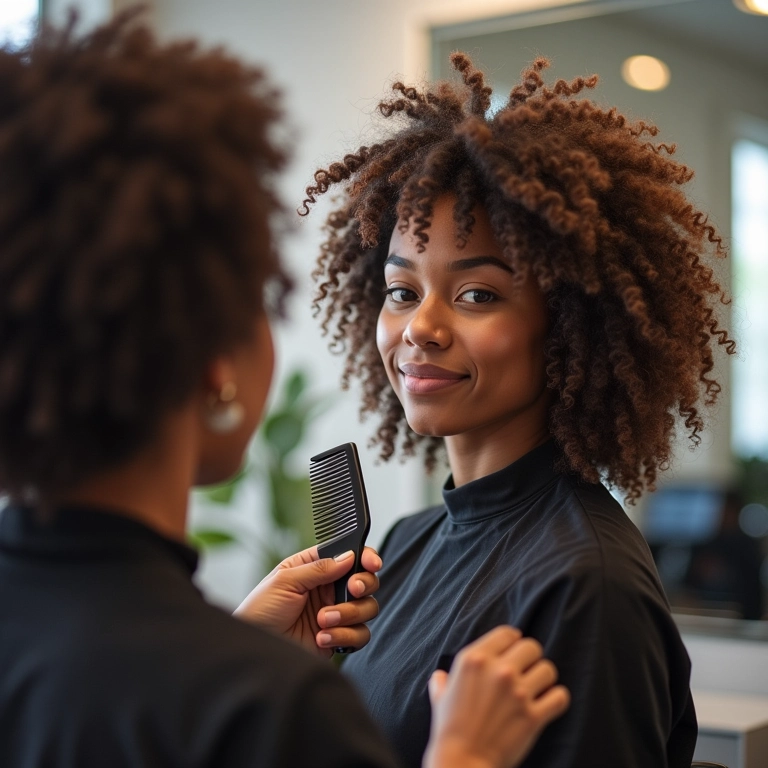Profissional de cabelo analisando o cabelo cacheado de uma cliente antes do corte.