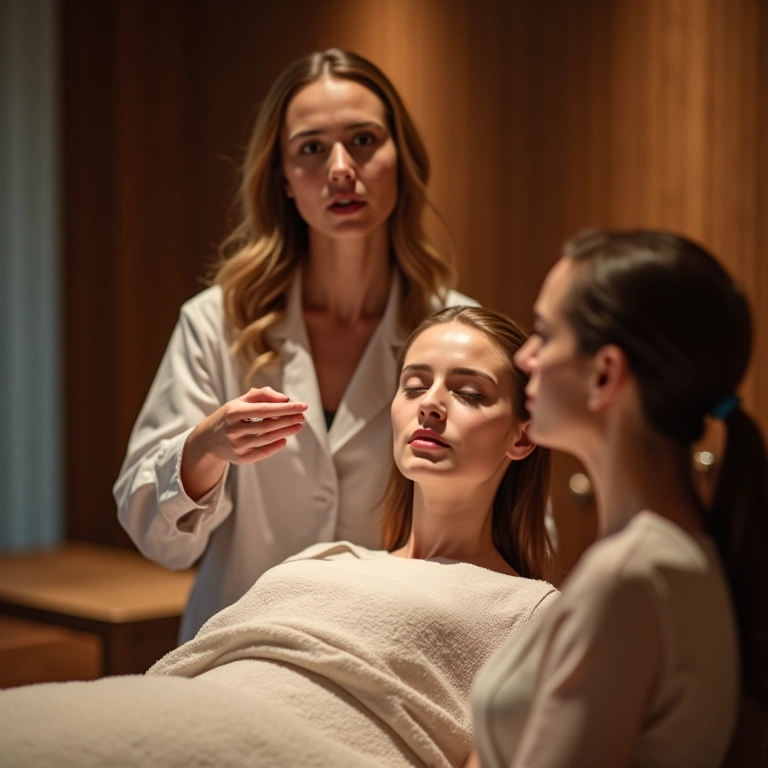 Profissional explicando opções de radiofrequência facial em recepção de spa.