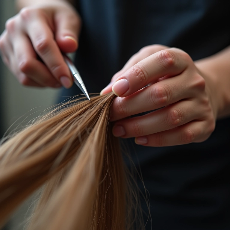 Profissional realizando corte bordado para eliminar pontas duplas.