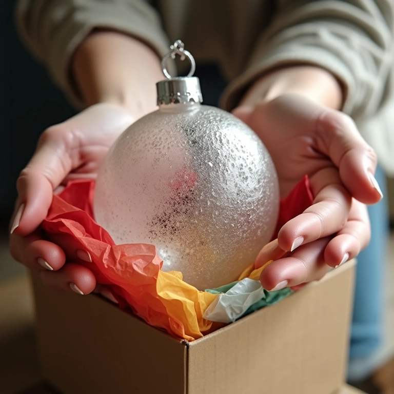 Protegendo ornamento de vidro delicado com plástico bolha e papel de seda colorido.