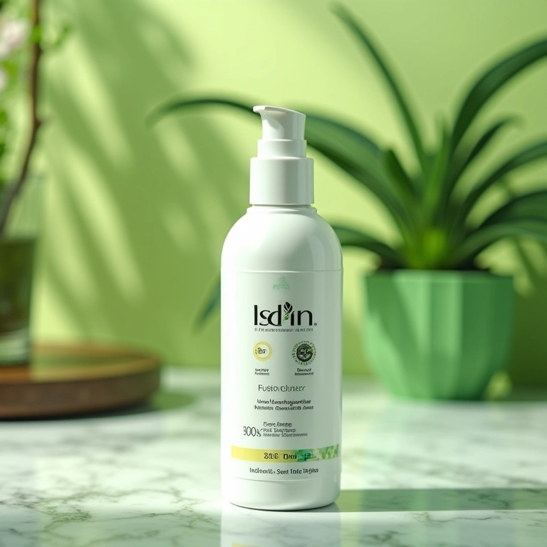 Protetor solar ISDIN Fusion Water em um banheiro vibrante com decoração brasileira.