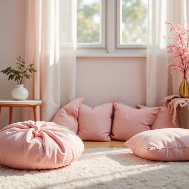 Pufes e almofadas no chão para relaxar em quarto Tumblr.