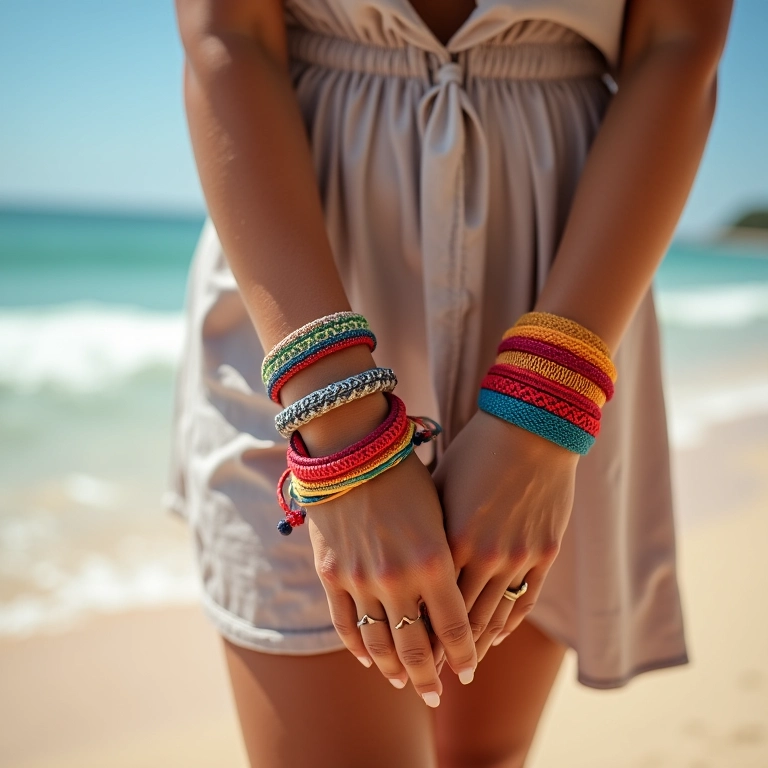 Pulseiras e tornozeleiras de macramê coloridas em um cenário de praia.