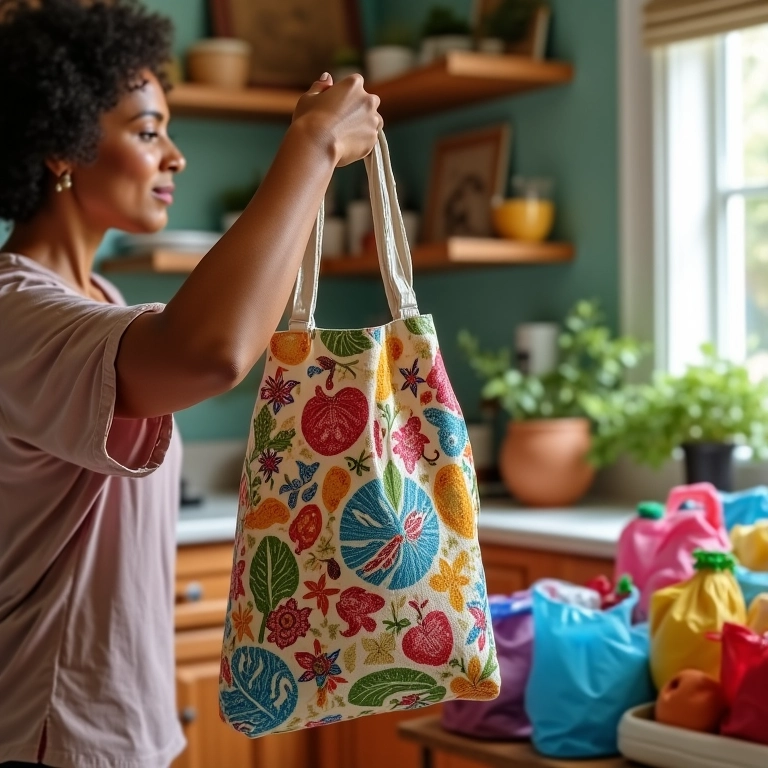 Puxa-saco artesanal colorido pendurado na cozinha.