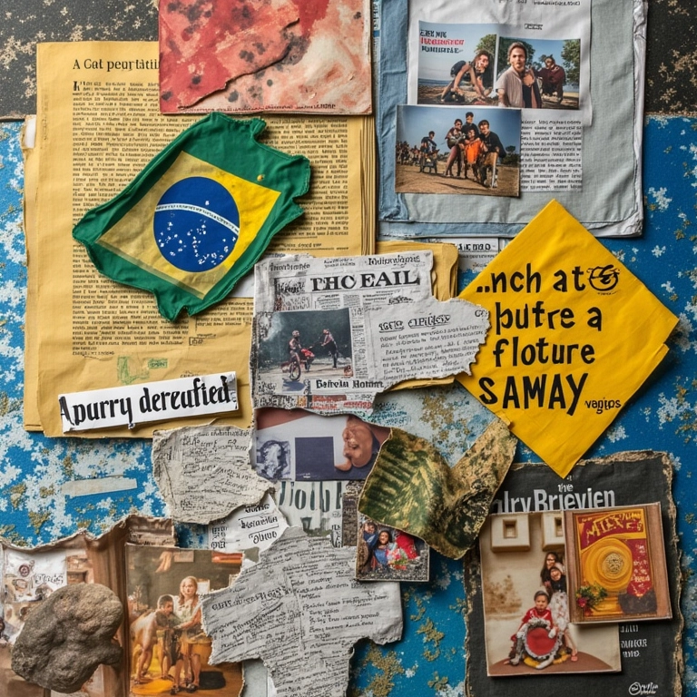 Quadro com colagens de revistas e frases.