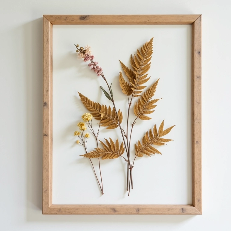 Quadro com flores secas e folhas prensadas.