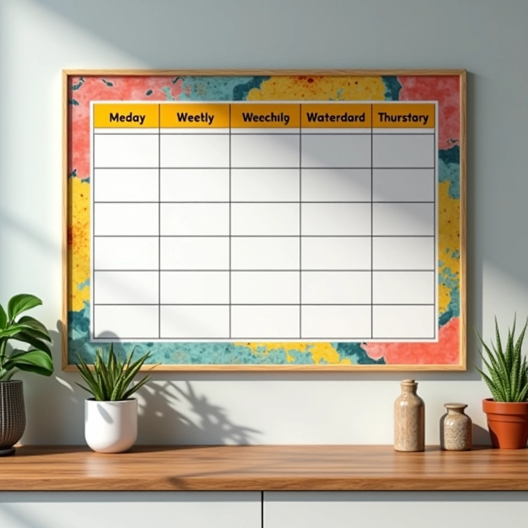 Quadro de horários semanais em cozinha moderna.