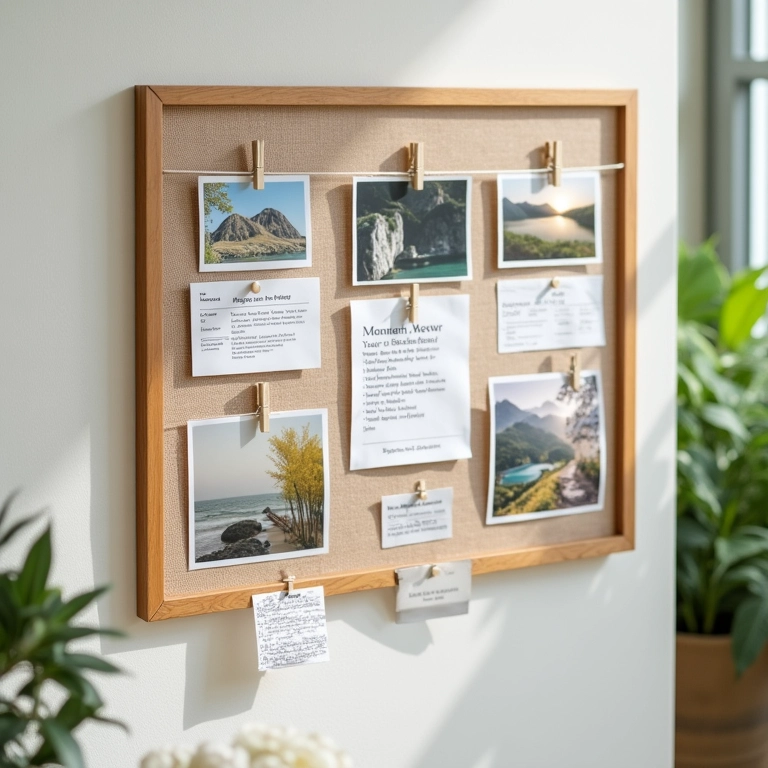 Quadro de recados com pregadores segurando fotos e notas.