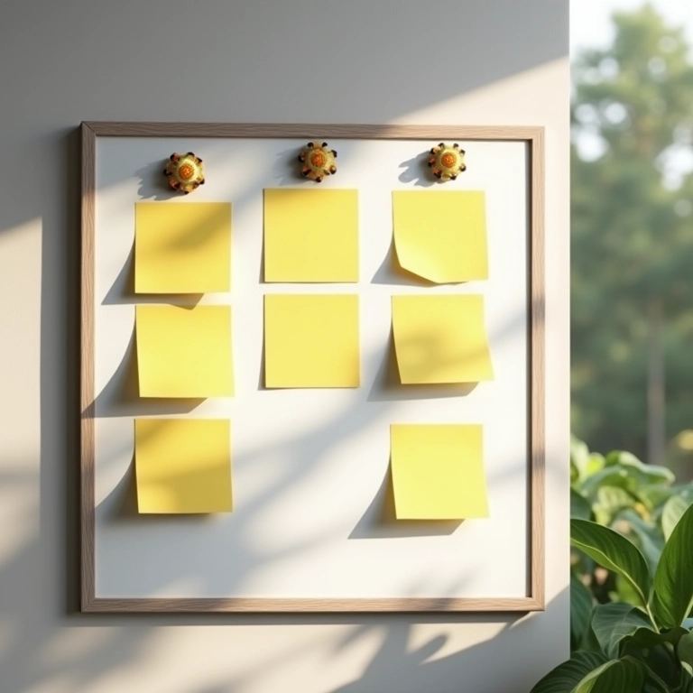 Quadro de recados magnético com imãs decorativos.
