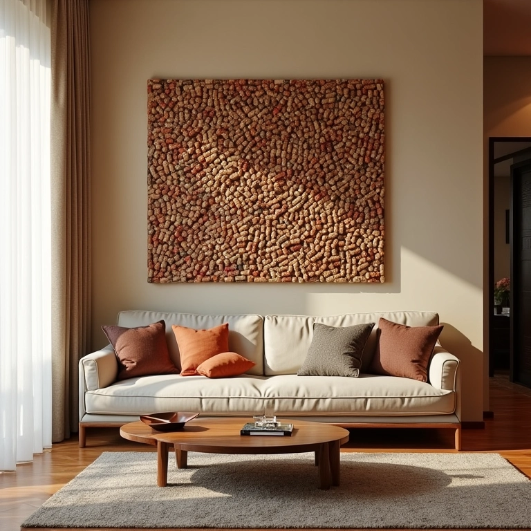 Quadro decorativo com mosaico de rolhas de vinho, em uma sala de estar com decoração brasileira.