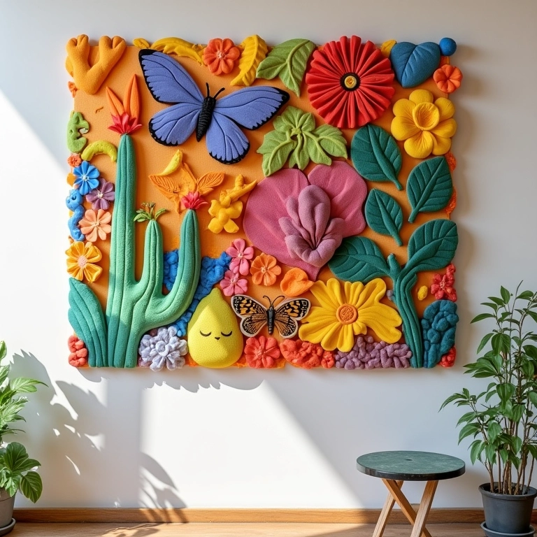 Quadro decorativo feito com patchwork embutido no isopor pendurado em uma parede colorida.