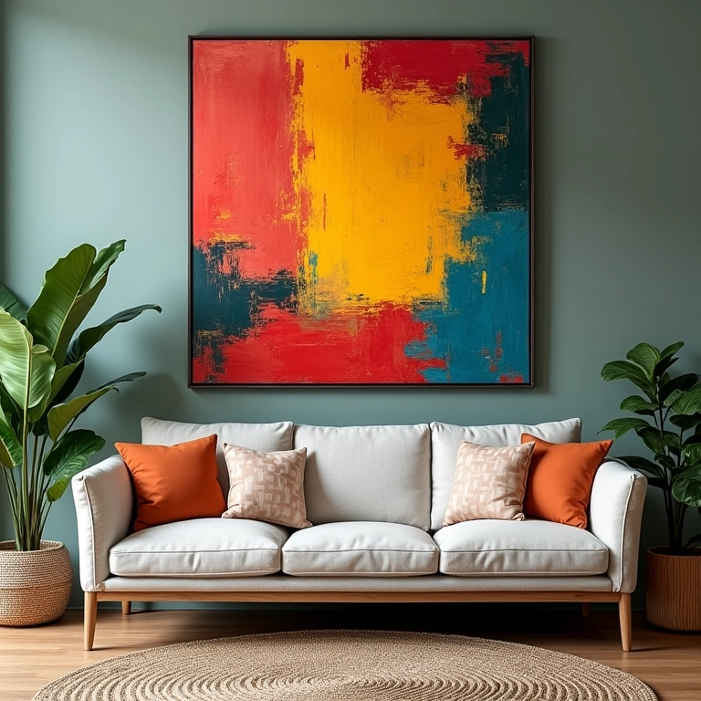 Quadro grande como ponto focal na sala de estar.