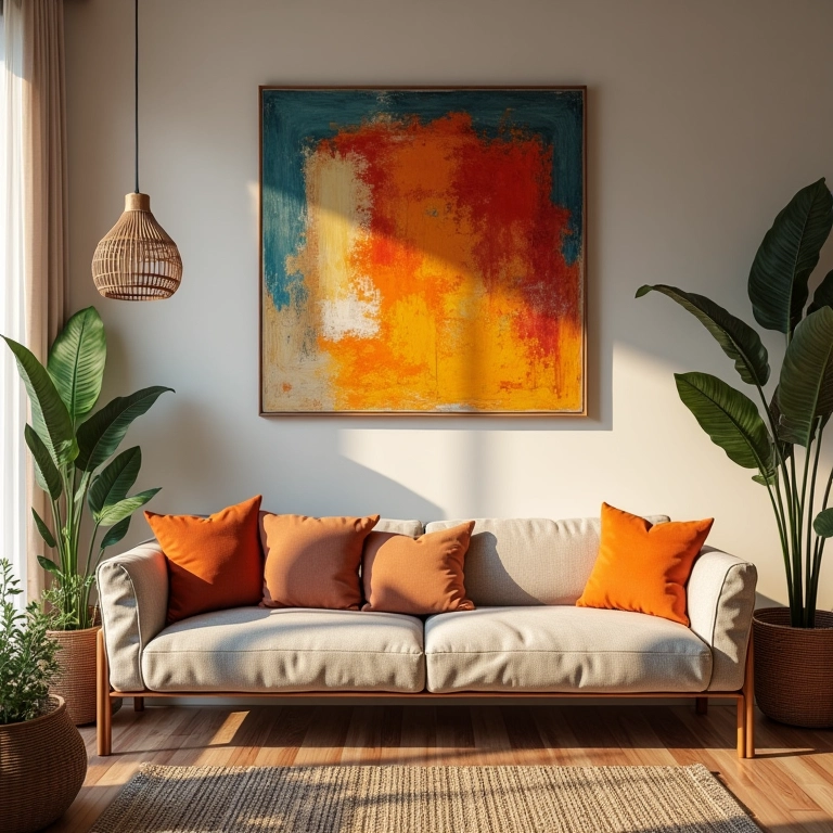 Quadros com cores e temas harmoniosos na sala.