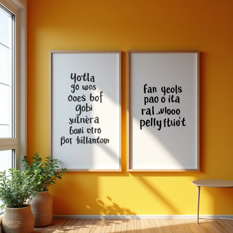 Quadros com frases inspiradoras e arte brasileira em uma parede colorida.