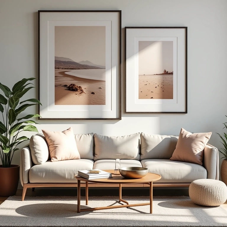 Quadros com molduras que complementam a arte na sala.