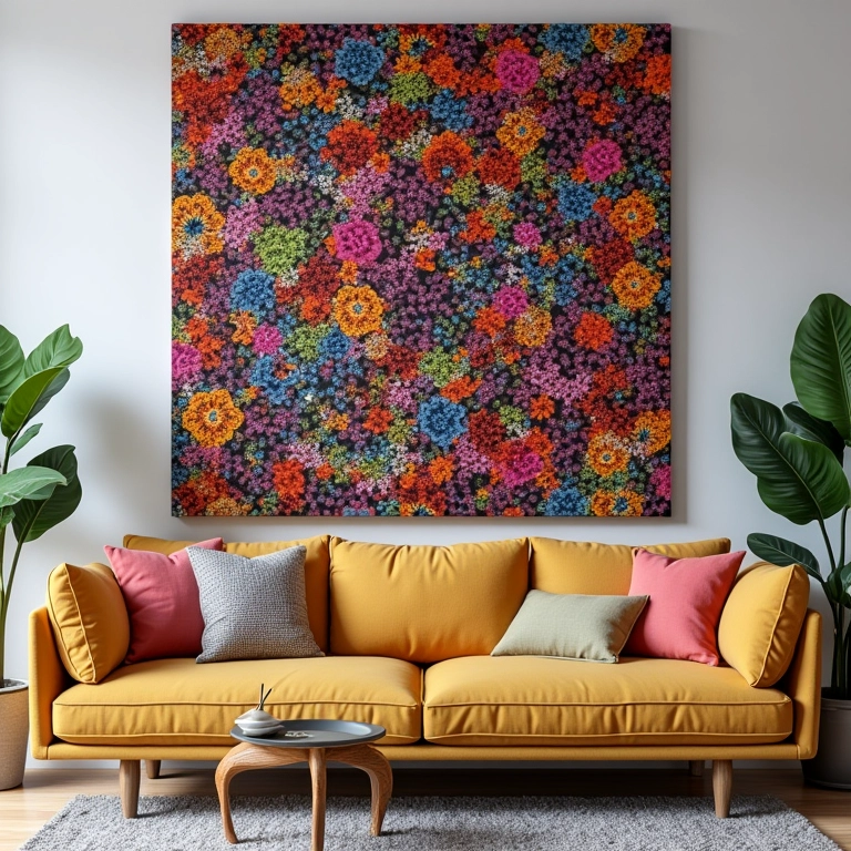 Quadros de tecido com padrões coloridos na parede de uma sala de estar.