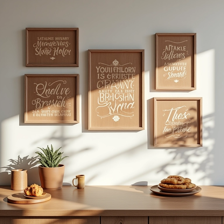 Quadros decorativos com frases inspiradoras em MDF na cozinha.