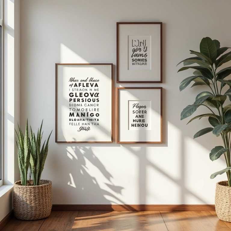 Quadros decorativos com frases inspiradoras em uma casa brasileira aconchegante.