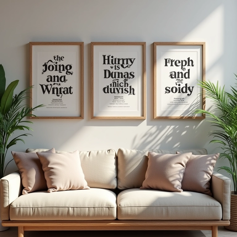 Quadros decorativos com letras de músicas de rock em uma sala aconchegante.