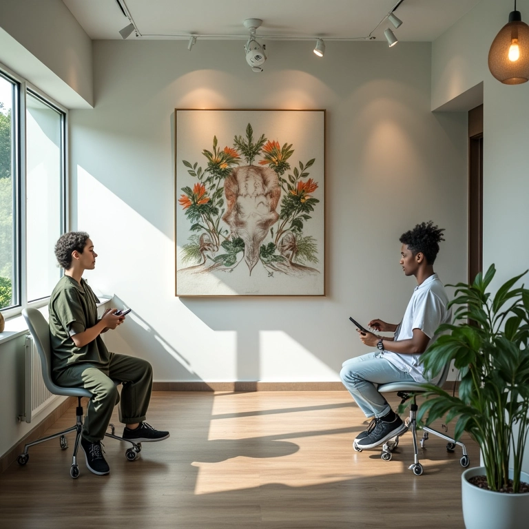 Quadros decorativos com temas de fisioterapia em clínica.