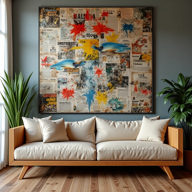 Quadros decorativos feitos com revistas velhas, cores vibrantes e design criativo.