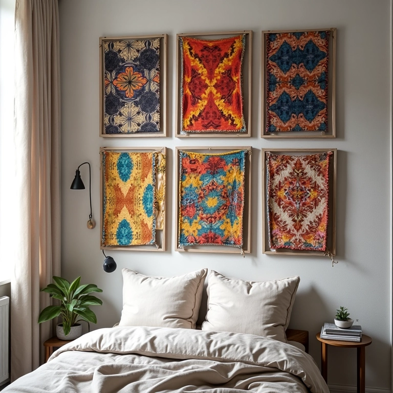 Quadros decorativos feitos com tecidos estampados e coloridos.
