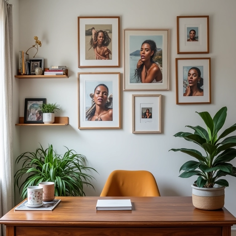 Quadros e objetos decorativos que refletem a personalidade em um home office feminino.