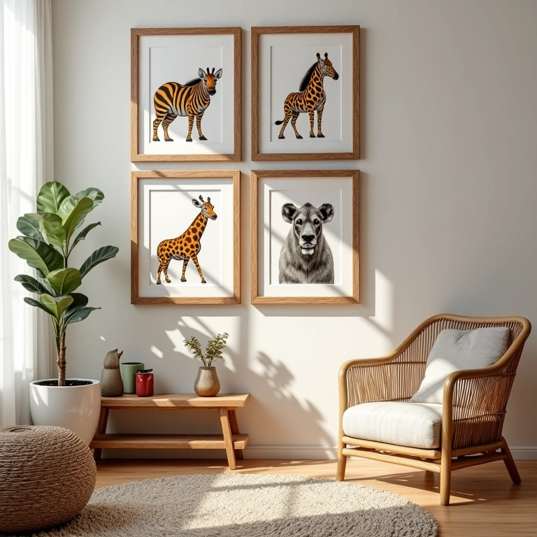 Quadros e posters com arte temática em quarto de bebê safári.