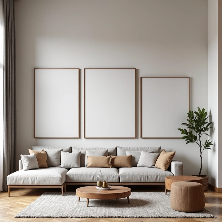 Quadros proporcionais ao tamanho da parede da sala.