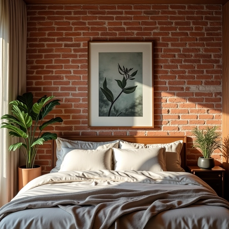 Quarto acolhedor com parede de destaque em tijolinho aparente e tecidos brasileiros.