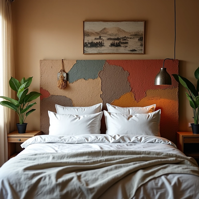 Quarto aconchegante com cabeceira de cama criativa e elementos DIY.