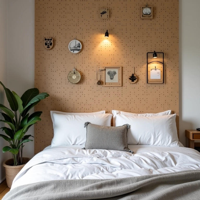 Quarto aconchegante com cabeceira de eucatex perfurado exibindo itens decorativos e iluminação suave.