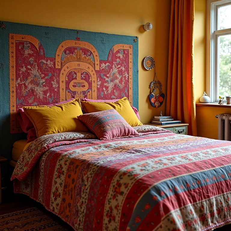 Quarto aconchegante com cabeceira de tecido colorida.
